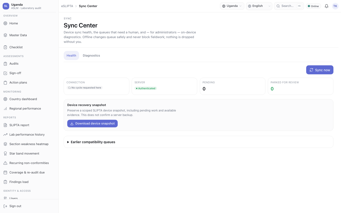 Sync centre: What has been sent, what is waiting, and anything the server refused — visible rather than silent.
